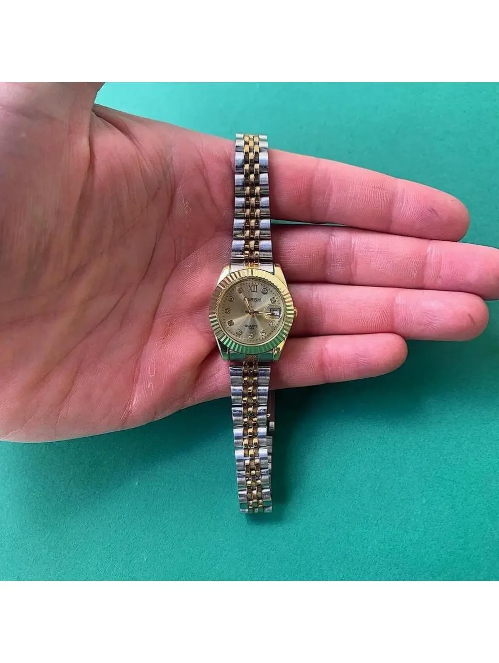 Classy Y2K 2000s style Silver and Gold watch with diamond accents. Nice quality